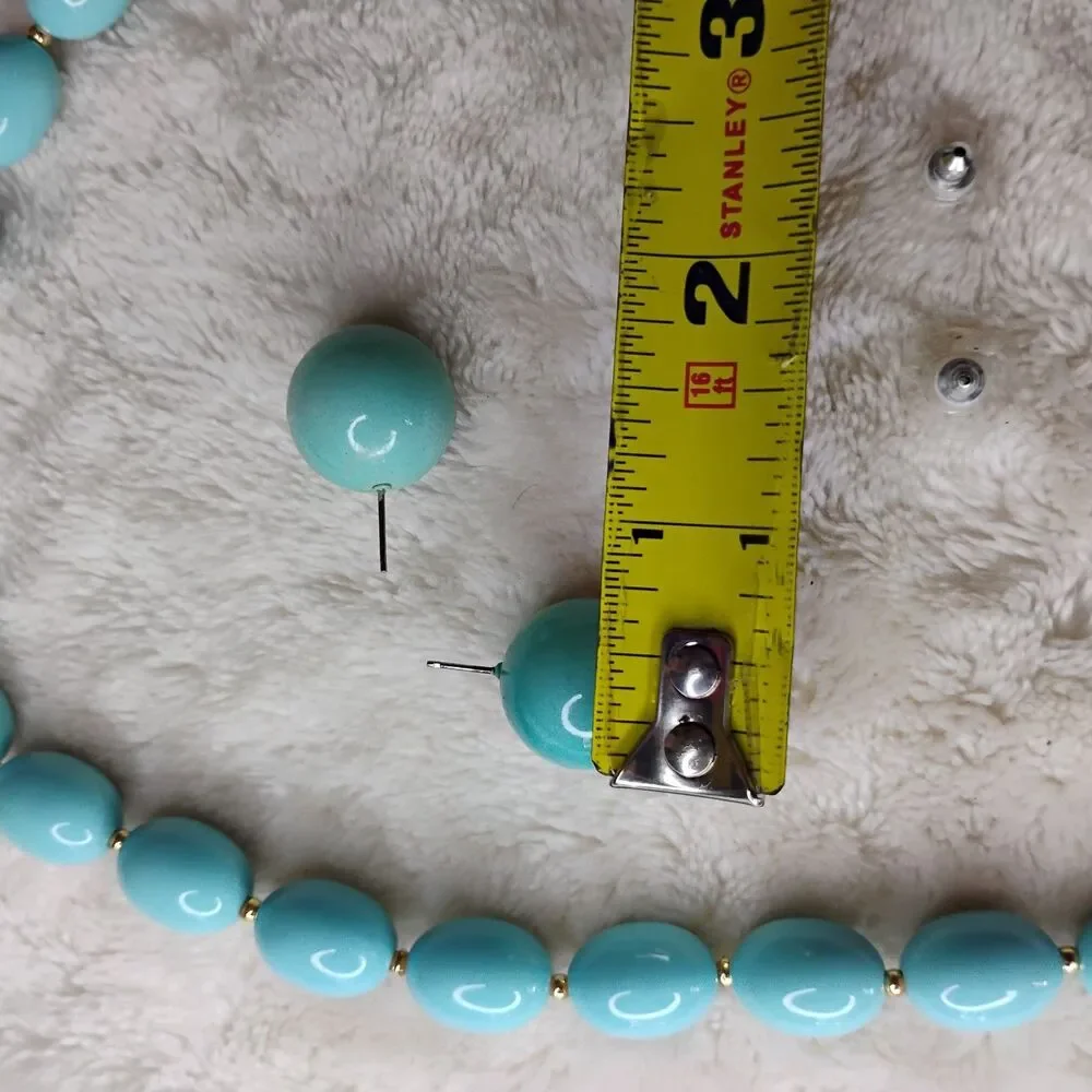 Vintage Aqua Blue Lucite Bead Necklace & Matching Ball Post Earring Set MCM